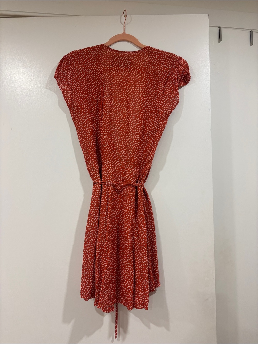 Reformation Rust Red Polka Dot Mini Wrap Dress - Picture 3 of 3
